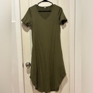 Olive Green V-Neck T-Shirt Dress